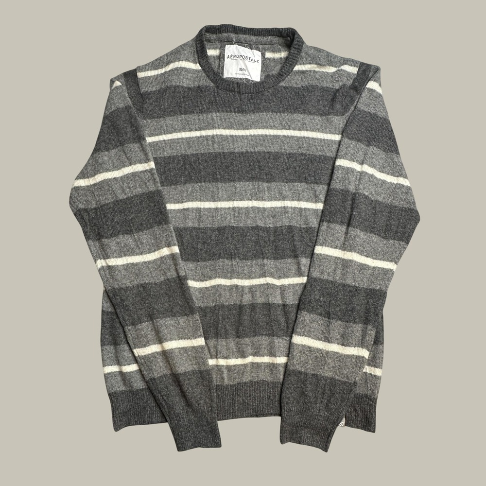 Aeropostale Sweater Mens XL Striped Grey Charcoal Wool Blend A87 Crewneck